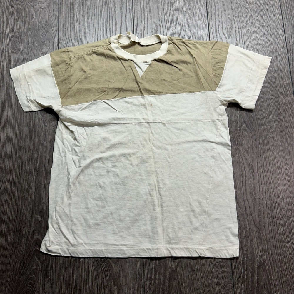 Vintage 70s Colorblock T-Shirt Tan Cream V-Stitch Ringer Tee Small